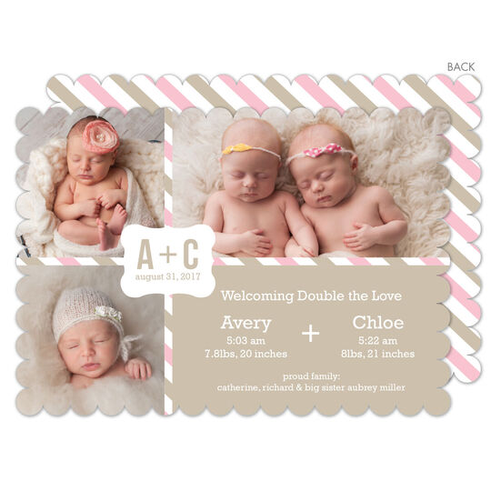 Pink Medallion Twins Photo Birth Announcements